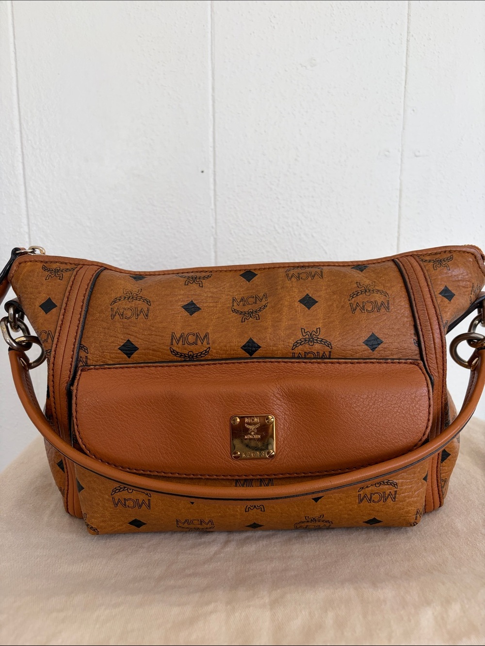 MCM Cognac Brown Visetos Logo Shoulder Bag with Gold Plate